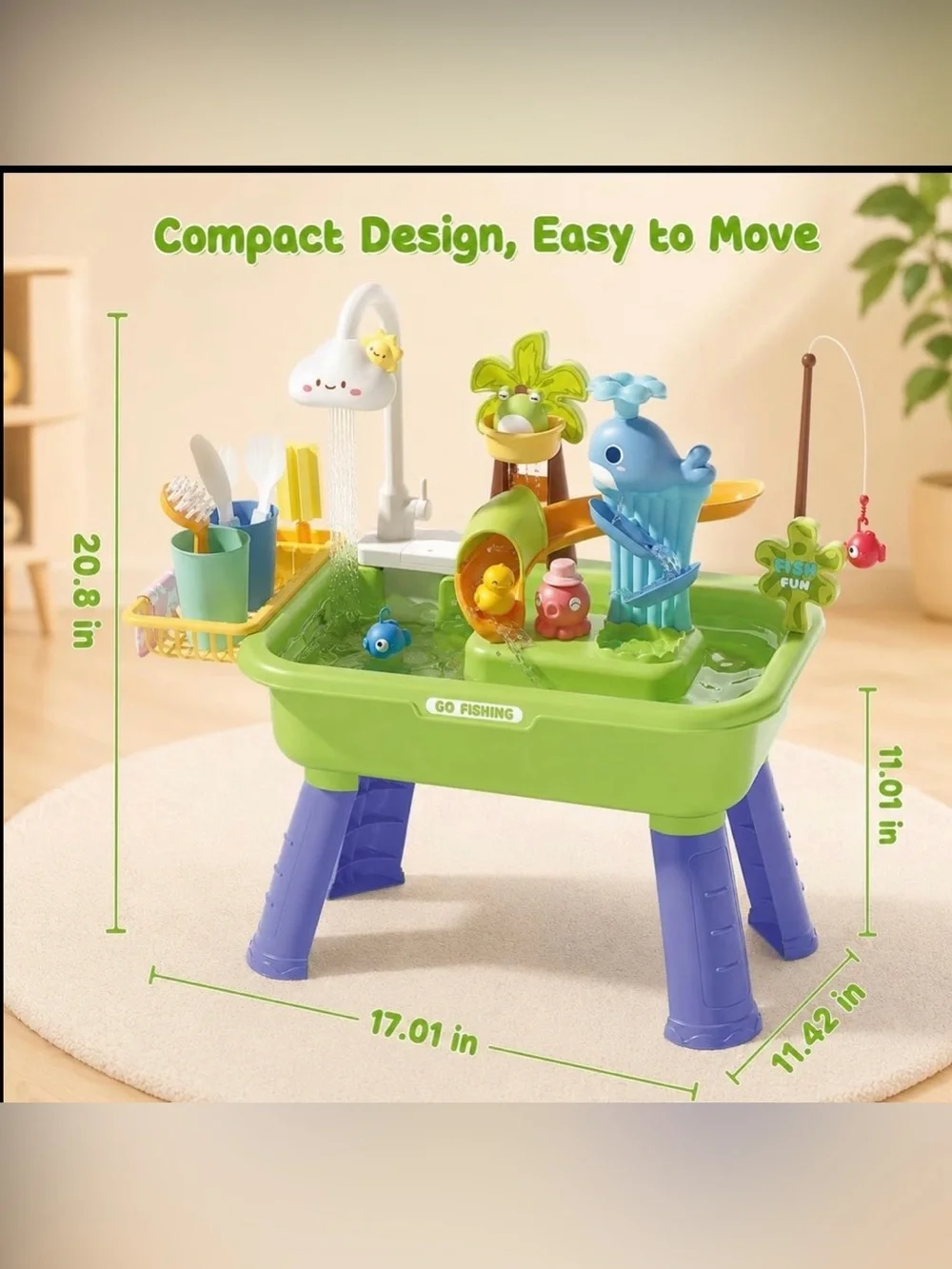 Water Table for Toddlers 1-3 with Pump, Spring-Green 22Pcs Toy Accessories, 4L B